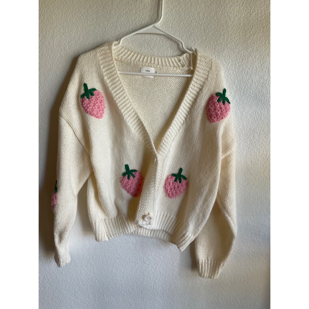 Luna Ivy Cream Chunky Knit Strawberry Cardigan Sweater Women Medium Cottagecore